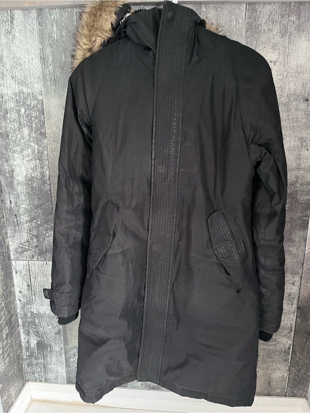 TNA Black Women's Long Puffer Coat with Faux Fur Trim Hood